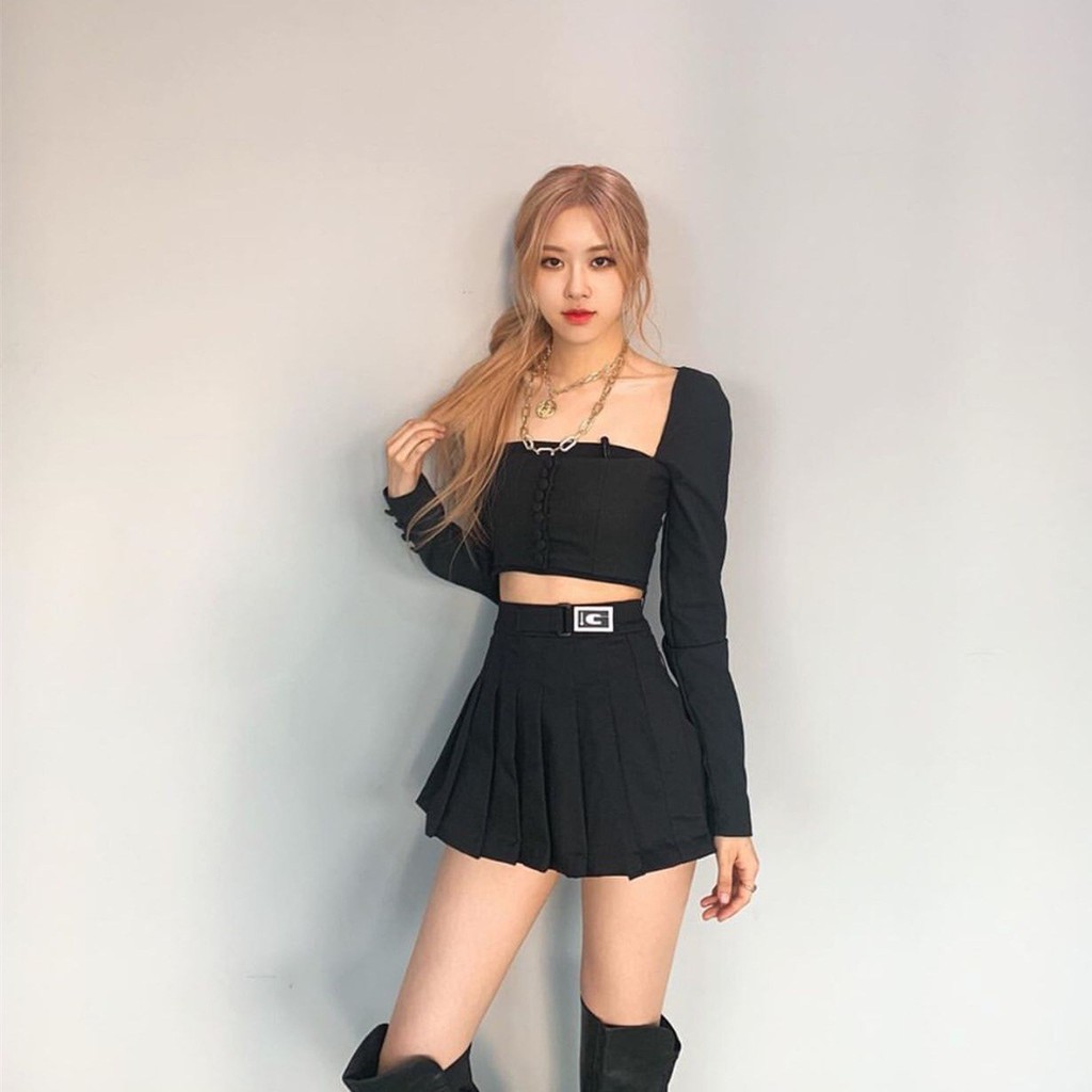 Sét Áo Cổ Vuông Tay Dài + Chân Váy Xếp Ly Hách Dáng Siêu Đỉnh Giống Rose-BlackPink Cho Nữ