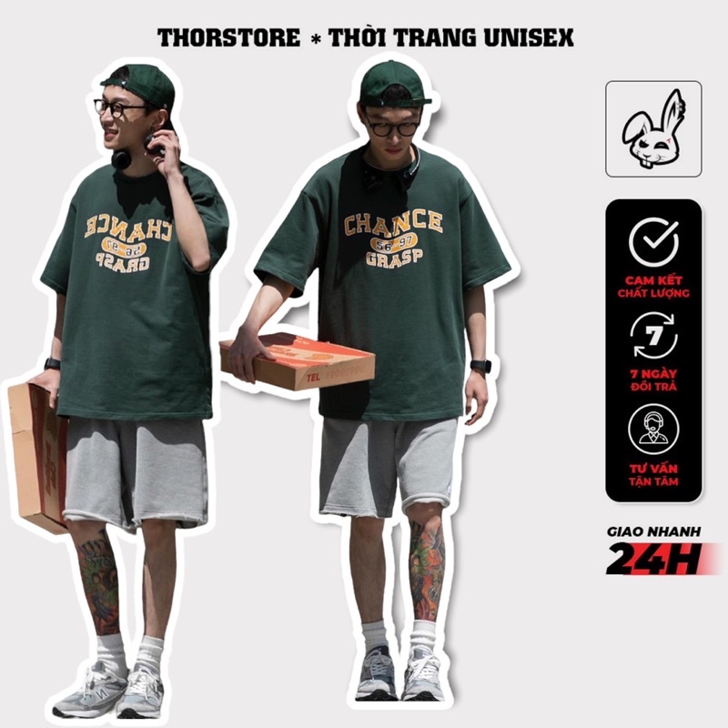 Áo thun tay lỡ nam nữ,in chữ Chance màu xanh