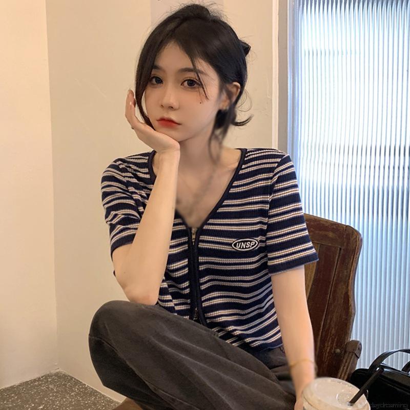 Áo Cardigan Dệt Kim Tay Ngắn Cổ Chữ V Phối Khóa Kéo Phong Cách Hàn Quốc Cho Nữ