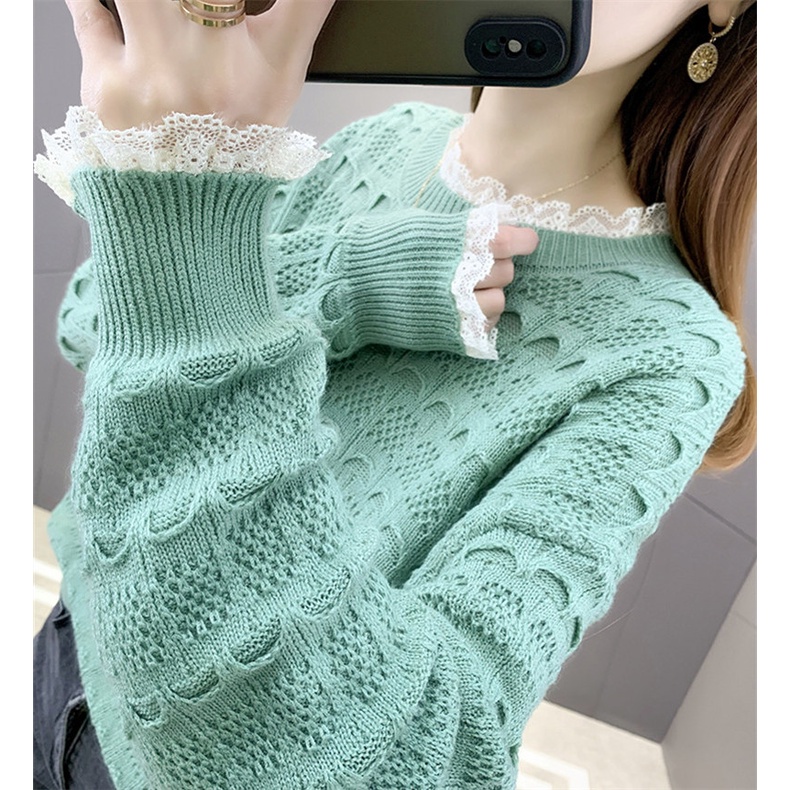 Áo len nữ hoạ tiết pha ren thời trang sweater cổ tròn dài tay chất len dệt kim dày dặn phong cách Hàn Al27