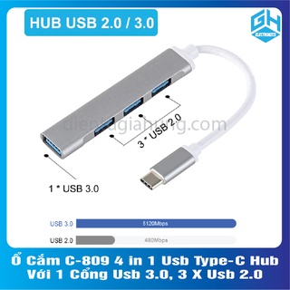 Ổ cắm c-809 4 in 1 usb type-c hub với 1 cổng usb 3.0, 3 x usb 2.0