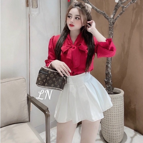 Áo sơ mi lụa công sở cổ nơ tay chun nhiều màu