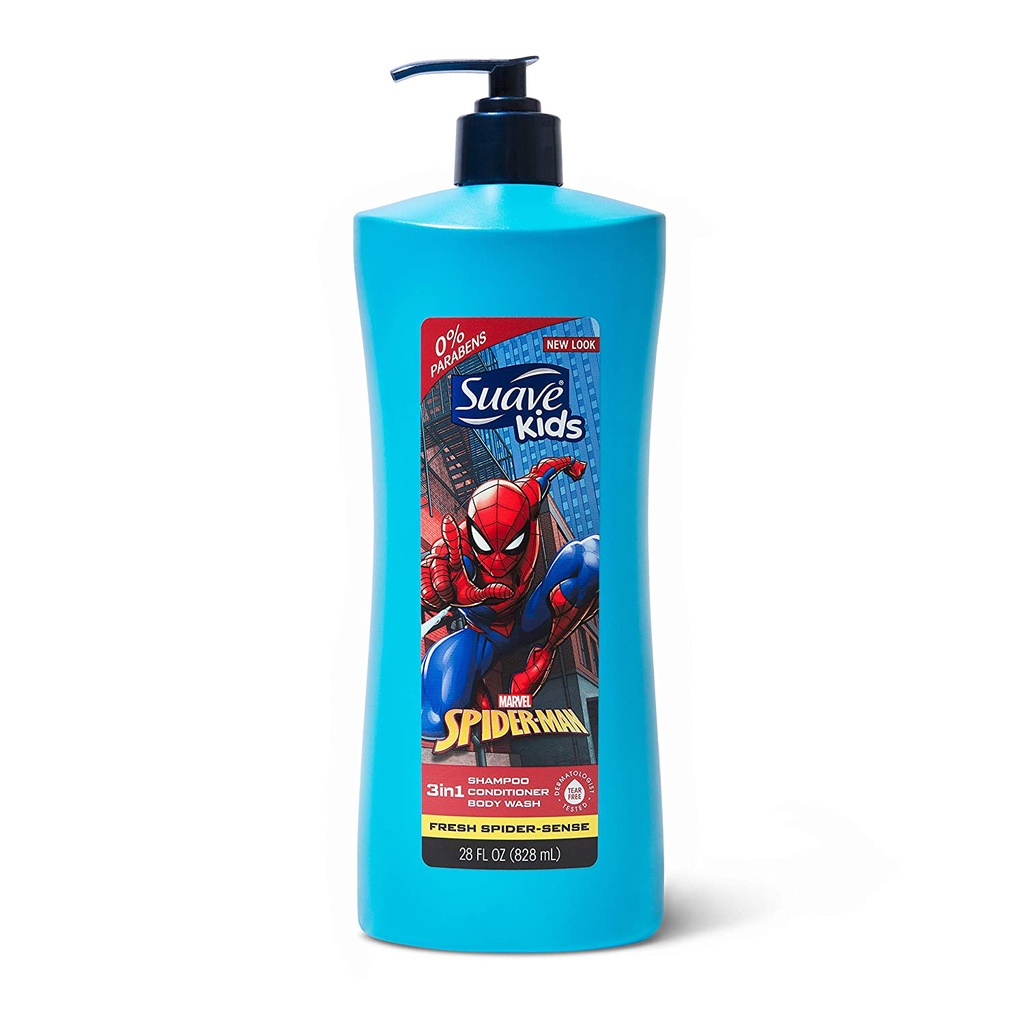 Sữa tắm, dầu gội &amp; xả 3 trong 1 cho trẻ em Suave Kids 3 in 1 Shampoo Conditioner Body Wash Spider-Sense 828ml (Mỹ)