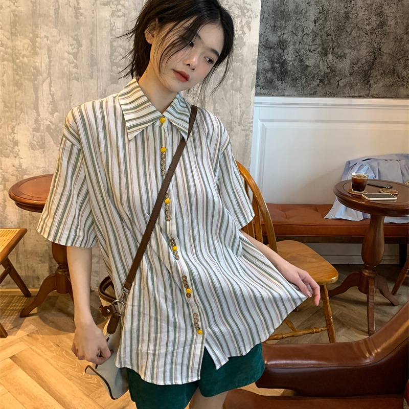 Áo sơ mi SUXI ngắn tay dáng rộng kẻ sọc phong cách cổ điển thời trang mùa hè cho nữ