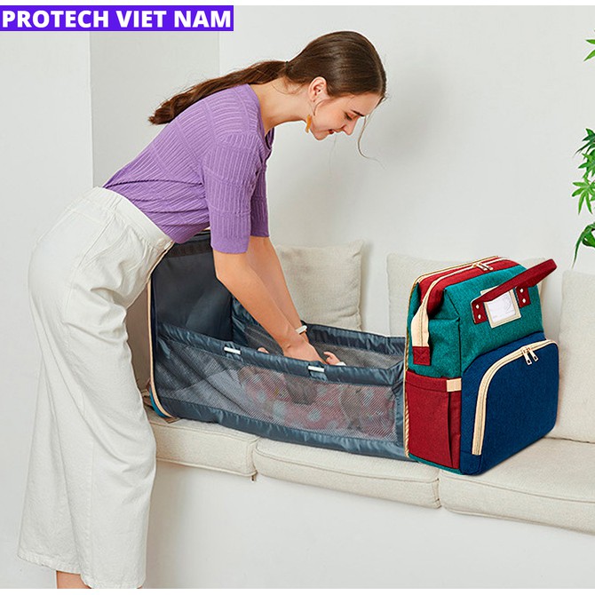 Balo Bỉm Sữa Đa Năng Kèm Giường Cho Bé Có Ngăn Giữ Nhiệt, Vải Chống Thấm Tiện Dụng Hot 2020