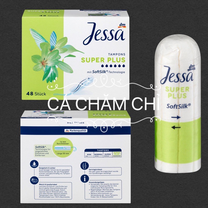 Tampon - Băng vệ sinh dạng nút Tampons Jessa super plus 6 giọt hộp 48 chiếc  tặng son Anverde- Đức