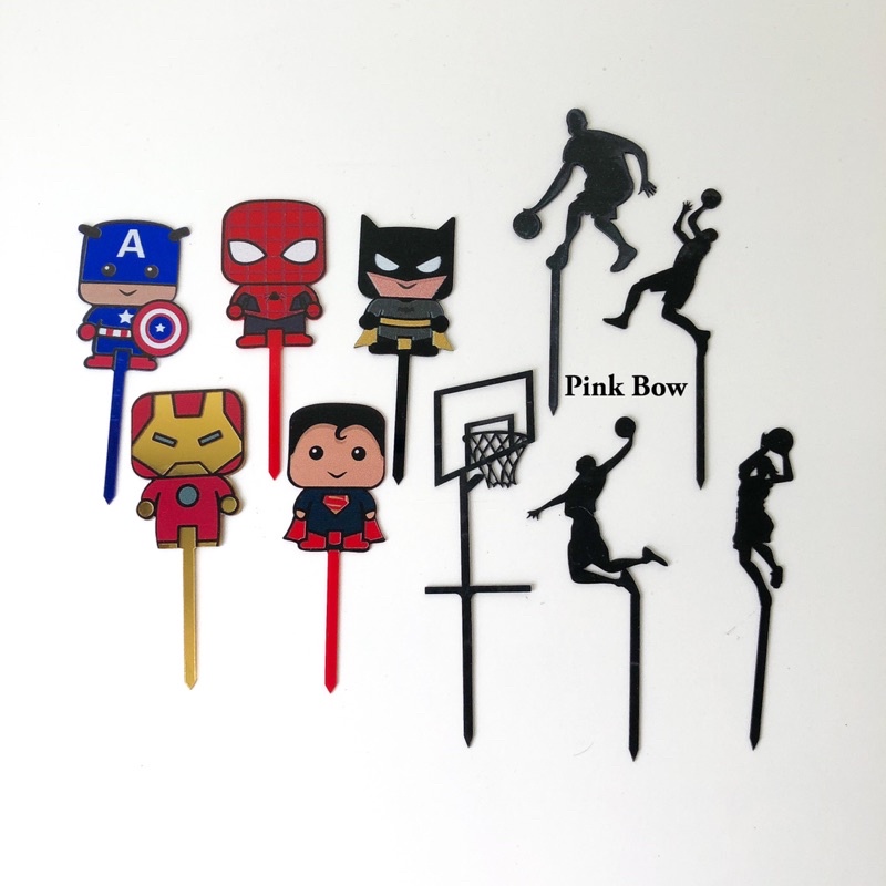 Topper mica phụ kiện trang trí bánh kem sinh nhật hình anh hùng MARVEL IRON MAN/ SPIDERMAN/ CAPTAIN/ BATMAN/ SUPPER MAN
