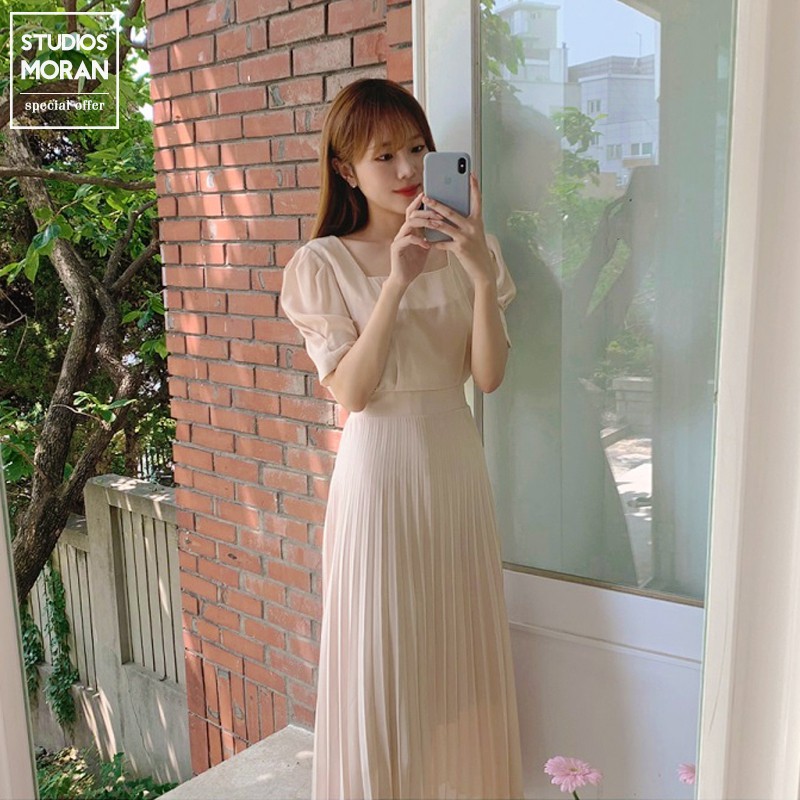 (HÀNG SẴN) Váy MORAN cổ vuông tay phồng thắt nơ eo xòe dài xếp ly nhẹ nhàng tiểu thư thanh lịch Hàn Quốc | BigBuy360 - bigbuy360.vn