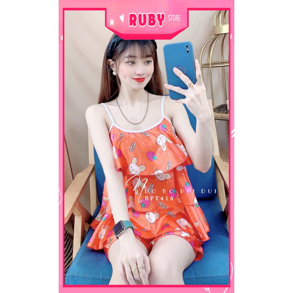 Đồ bộ sexy cho nữ mặc nhà chất phi bóng mềm mát in hình gấu hoạt hình dễ thương BPT418