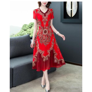 Sindi - đầm xòe trung niên kiểu đầm xòe in họa tiết hoa văn sang trọng sindi 3189