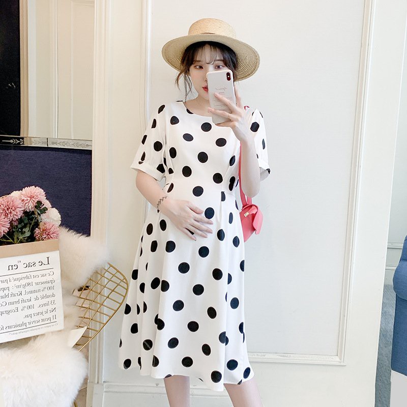 Váy bầu chấm bi thời trang có dây buộc chỉnh bụng cho mẹ bầu mặc đi làm đi chơi W116
