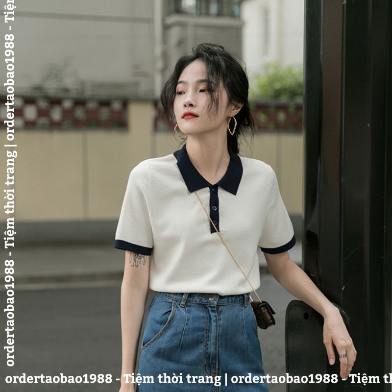 Áo dệt len Xia Bingsi cổ polo dáng ngắn viền đen