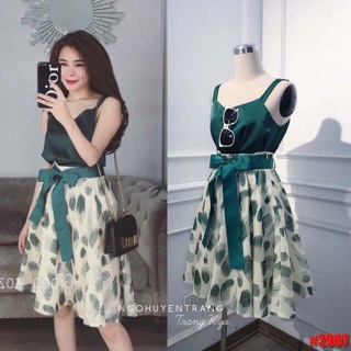 Sét áo dây + chân váy trắng xanh