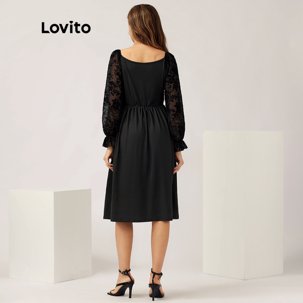 Lovito Đầm dài tay phối lưới tương phản hoa thanh lịch L21LT141 (Đen)