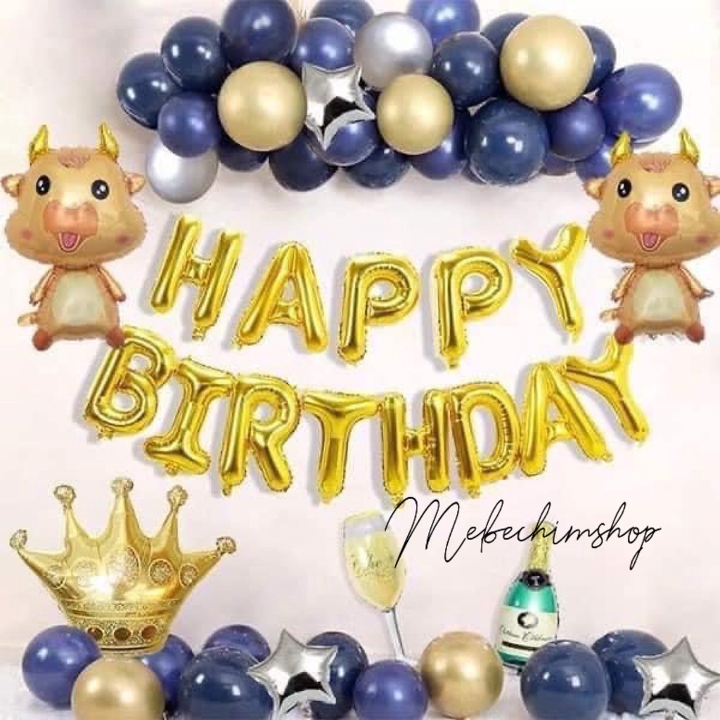 Combo Bóng Bay Trang Trí Sinh Nhật Cho Bé Năm Trâu Tông Xanh HN2424