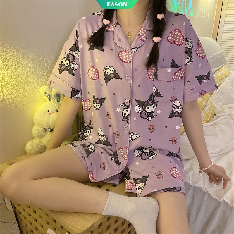 SANRIO Bộ Đồ Ngủ Tay Ngắn Dáng Rộng Chất Liệu Polyester In Họa Tiết Hoạt Hình Kuromi Dễ Thương Thời Trang Mùa Hè Cho Học Sinh