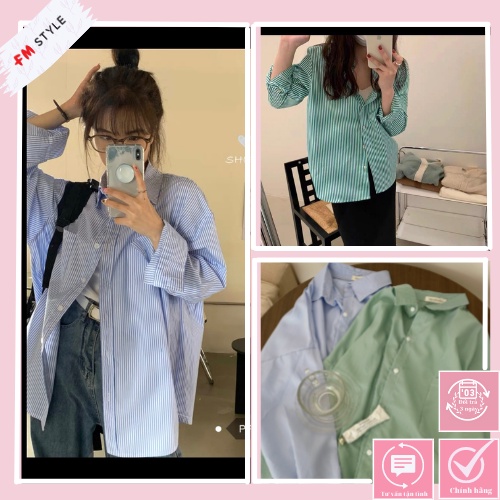 Sơ mi sọc cổ bẻ 1 túi 861 tay dài | Form rộng trùm mông diện chuẩn style Hàn | Fm Store 204140024