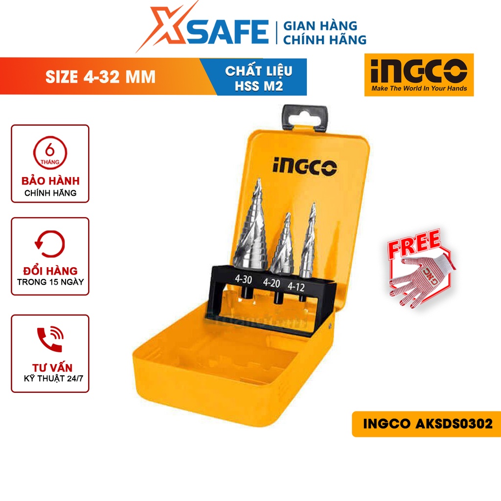 Bộ 3 mũi khoan chóp nón INGCO AKSDS0302 chất liệu HSS M2, áp dụng cho tấm thép dày tối đa 3mm, bền mặt mũi được mạ bóng