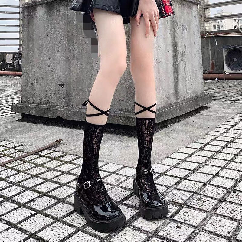 Tất ren nữ cổ cao dây buộc vintage Vớ nữ 2 màu đen trắng