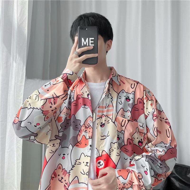 Áo Sơ Mi Nam Dài Tay In Hình Mèo Hoạt Hình Dễ Thương Phong Cách Hàn Quốc