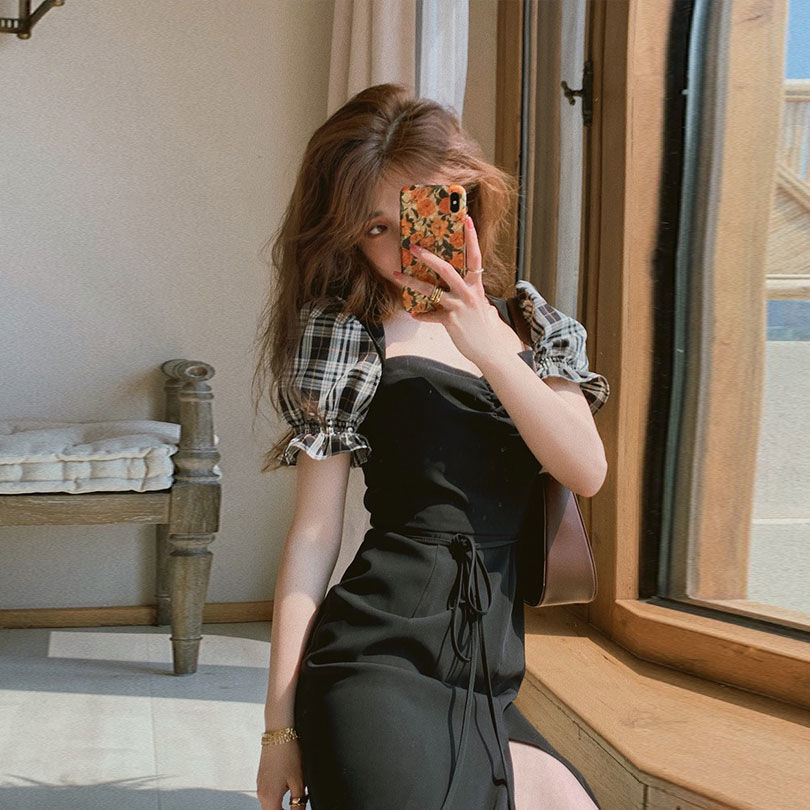 Đầm Tay Ngắn Họa Tiết Sọc Caro Thiết Kế Xẻ Tà Phong Cách Retro