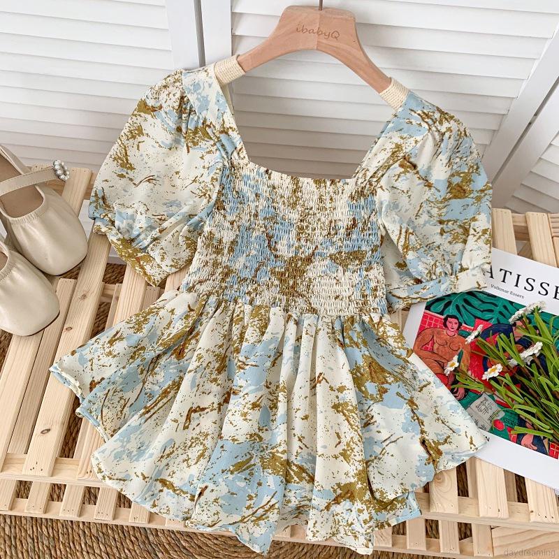 Áo Chiffon Tay Ngắn Cổ Vuông In Hoa Phong Cách Hàn Quốc Ngọt Ngào Cho Nữ