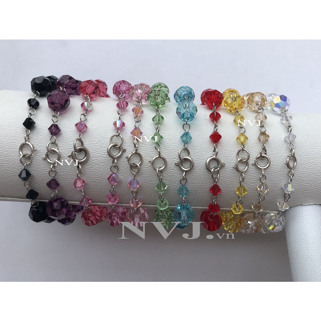 Chuỗi vòng tay 10 hạt tròn pha lê Swarovski size 8ly, nhiều màu tùy chọn, khóa bạc 925