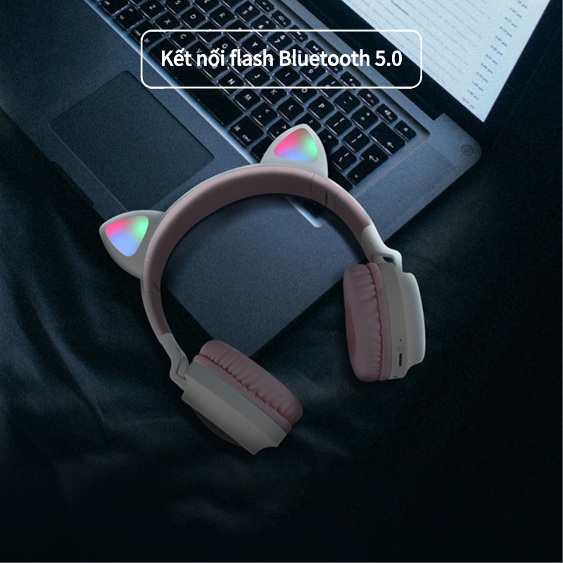 Tai nghe tai mèo bluetooth dễ thương đủ màu, có đèn led, có micro đàm thoại, pin dung lượng lớn