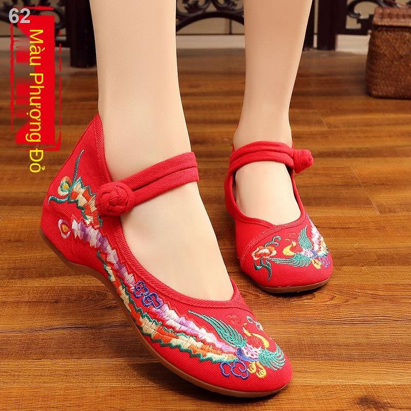 giày thêu phụ nữ Bắc Kinh vải phong cách dân tộc dép mùa hè Nêm gót Hanfu bệt cổ đơnT