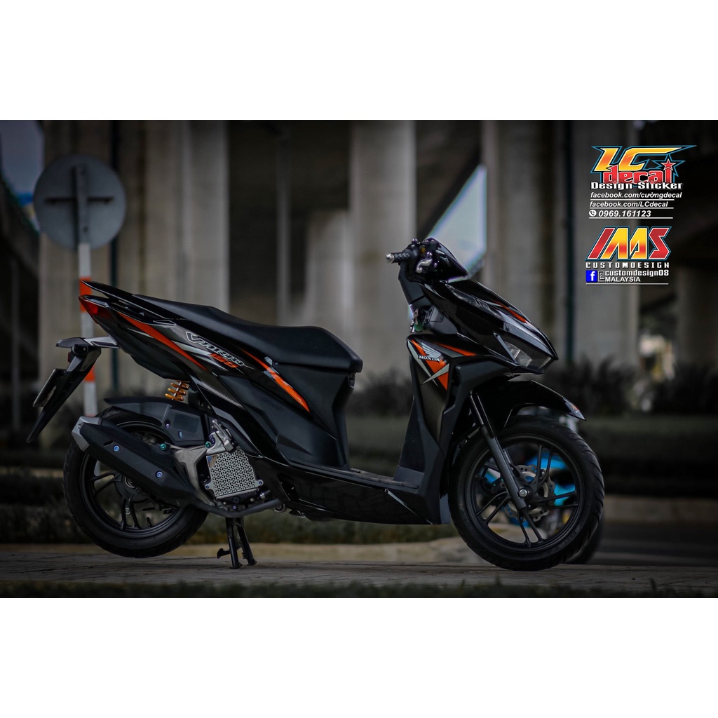 TEM RỜI cho Vario 150 đen bóng - mẫu sọc cam xám in 3 lớp chất lượng cao