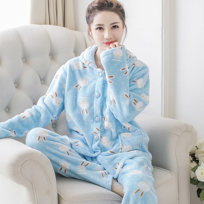 🔥Pro Pro Pro🔥Bộ đồ ngủ vải Flannel phối lông cừu dày kiểu Hàn Quốc thời trang mùa đông cho nữ