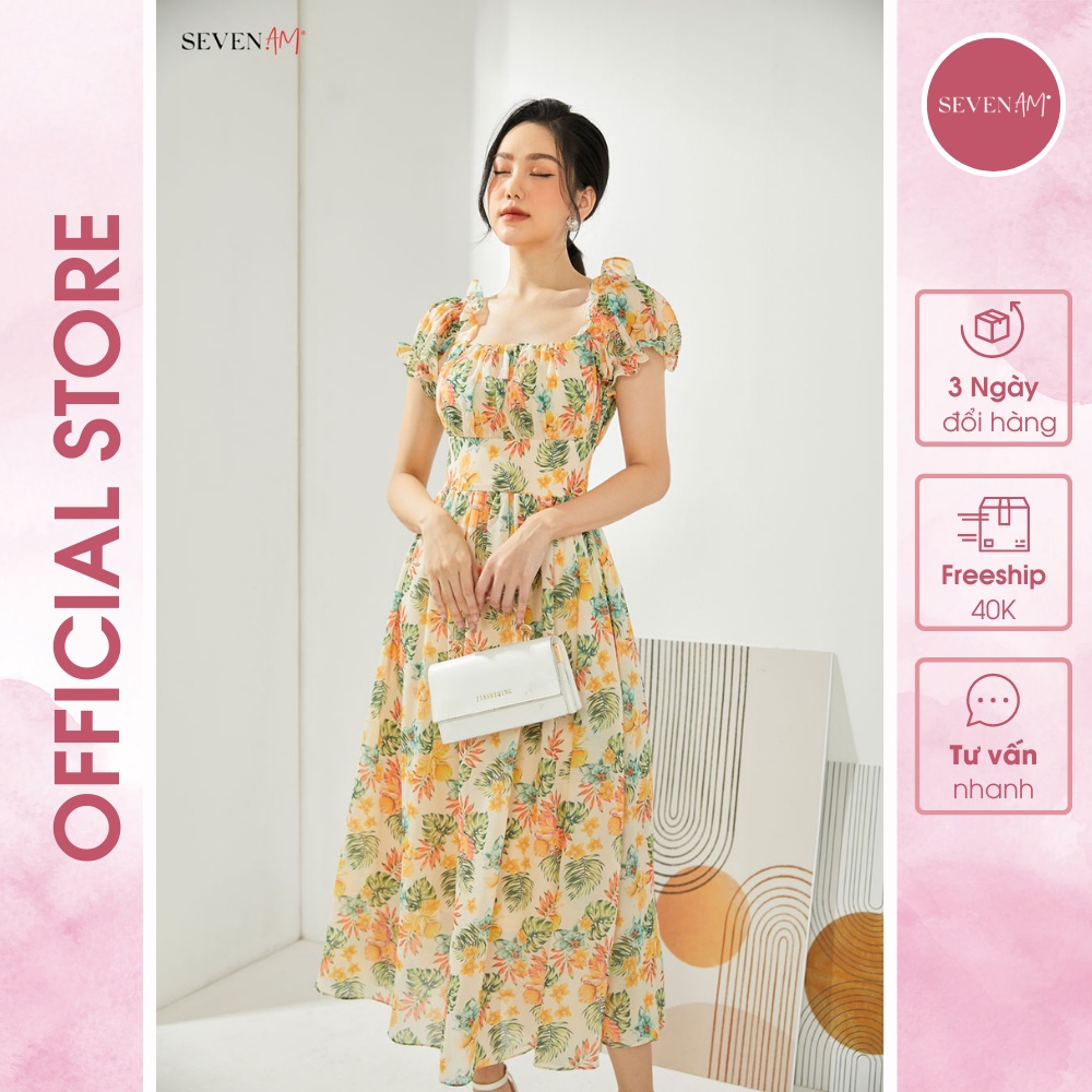 Đầm Xòe Tay Cộc Chiffon Be Hoa Vàng Xanh Lá Xanh Seven.am Fh643026