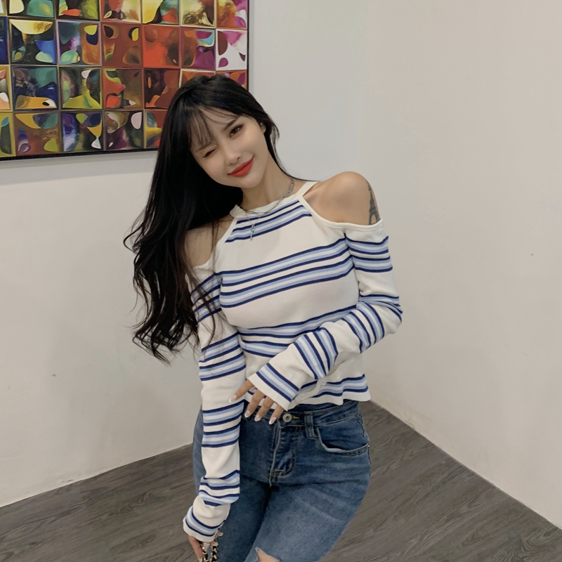 Áo Croptop Xiaozhainv Tay Dài Hoạ Tiết Kẻ Sọc Phong Cách Hàn Quốc