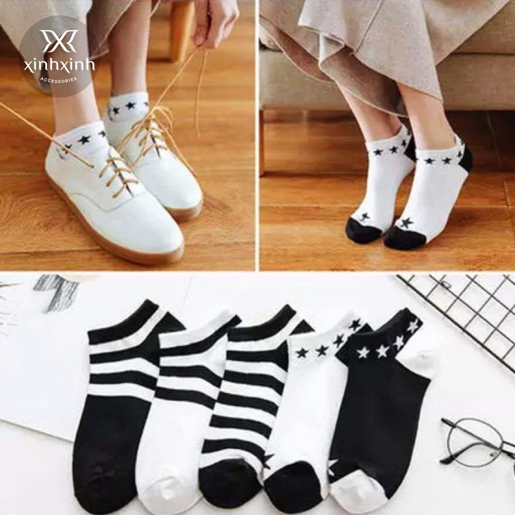 Combo 5 đôi tất cổ ngắn nữ cotton kiểu Vintage Hàn Quốc vớ co giãn kháng khuẩn