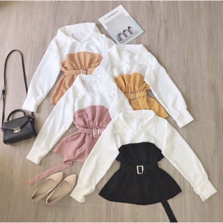 Áo somi tay dài phối màu kèm thắt lưng - Áo babydoll thắt nơ eo - Hình thật 1000%