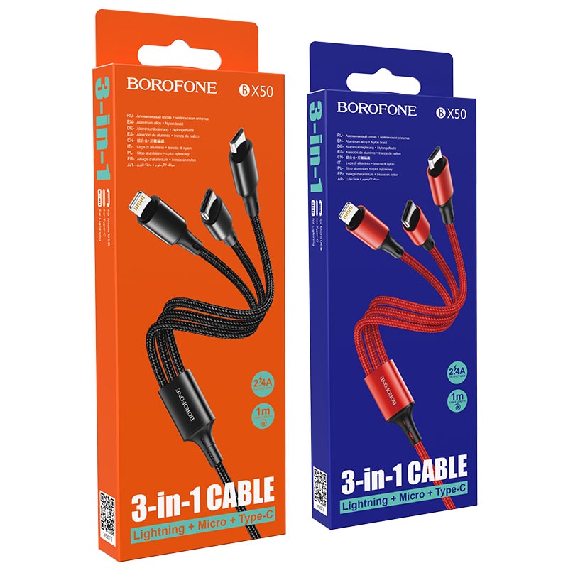 Cáp sạc 3 đầu Borofone BX50 Fresco dài 1m, max 2.4A (Màu Random) - Phụ Kiện 1986