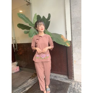 Đồ lam Đi chùa nữ. viền Đôi đồ lam cổ tròn nút so đủ size