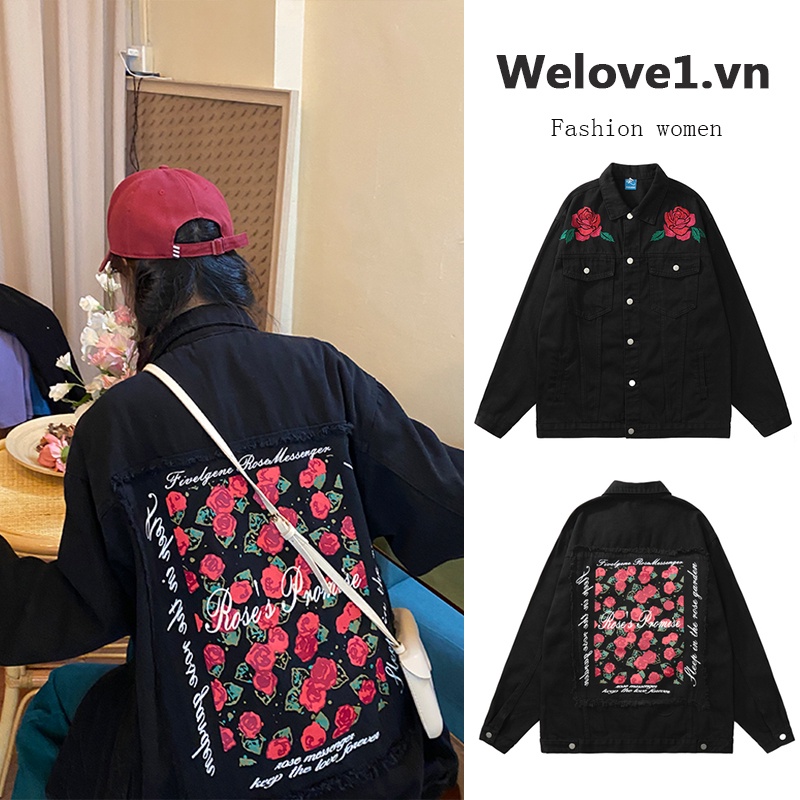 Áo Khoác denim Dáng Rộng Thêu Hoa Hồng Thời Trang Xuân Thu Cho Nữ