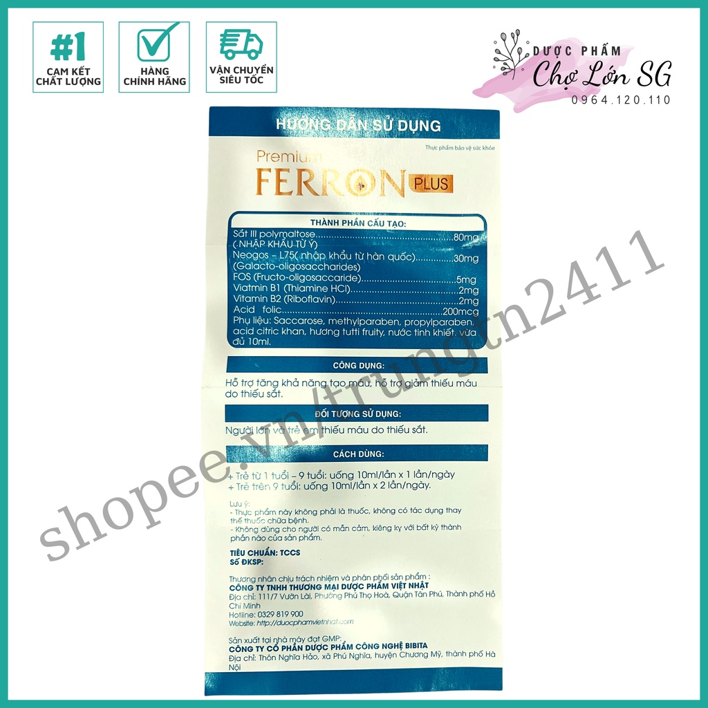 Siro bổ sung sắt ống Premium Ferron Plus - hỗ trợ khả năng tái tạo máu, giảm thiếu máu do thiếu sắt