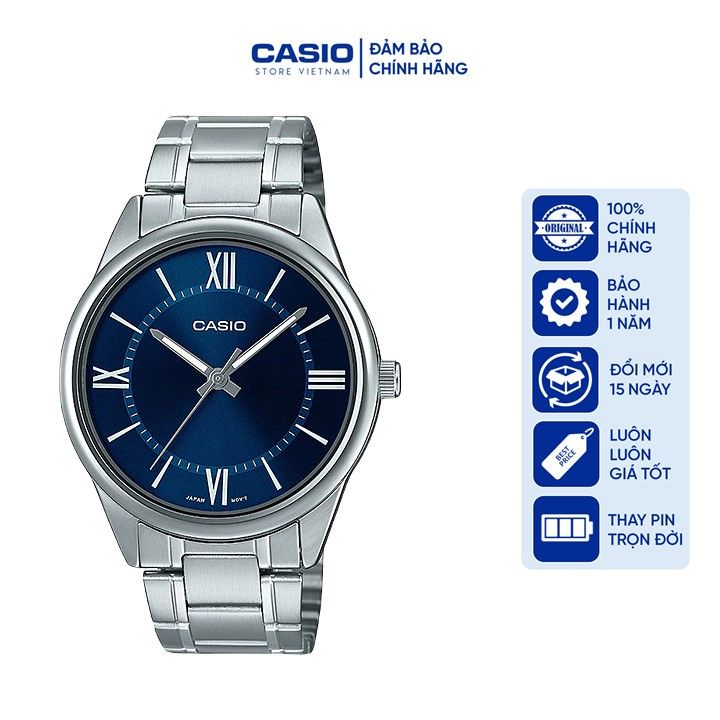 Đồng hồ Nam Casio MTP-V005D-2B5, đồng hồ chính hãng, dây thép bạc mặt xanh LA MÃ (MỚI)