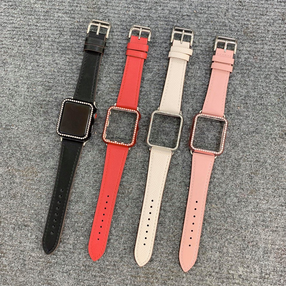 Combo dây da khóa trắng và ốp viền đính đá dành cho apple watch