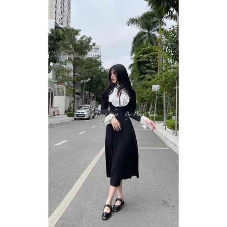 Váy Umi  dáng xoè tiểu thư  cổ phối viền bèo thắt nơ siêu đẹp (kèm ảnh thật Shop chụp