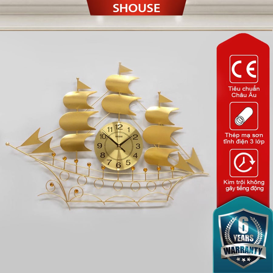 Đồng Hồ Treo Tường kim trôi thuyền buồm vàng Shouse B68 decor đẹp hiện đại trang trí nghệ thuật phòng khách cỡ lớn