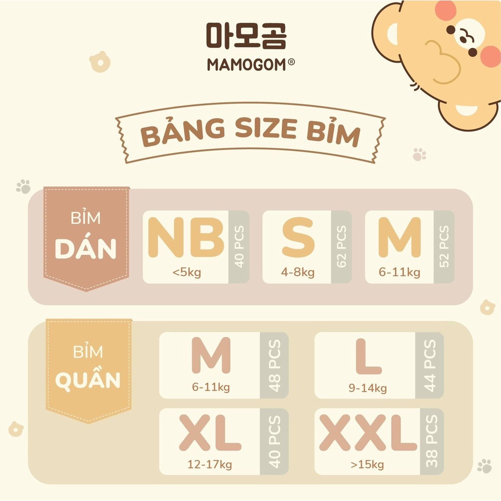 Tã/Bỉm MAMOGOM dán/quần đủ size NB40/S62/M52/M48/L44/XL40/XXL38 cho bé