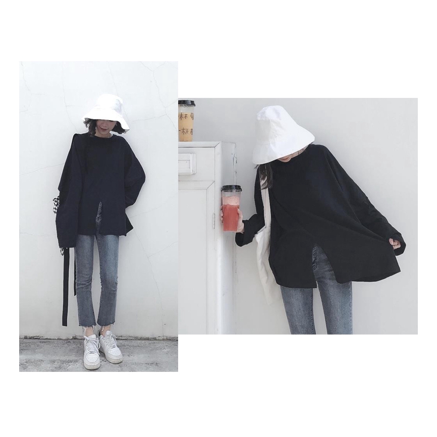 SUXI Áo thun Hàn Quốc dáng rộng dài tay màu trơn