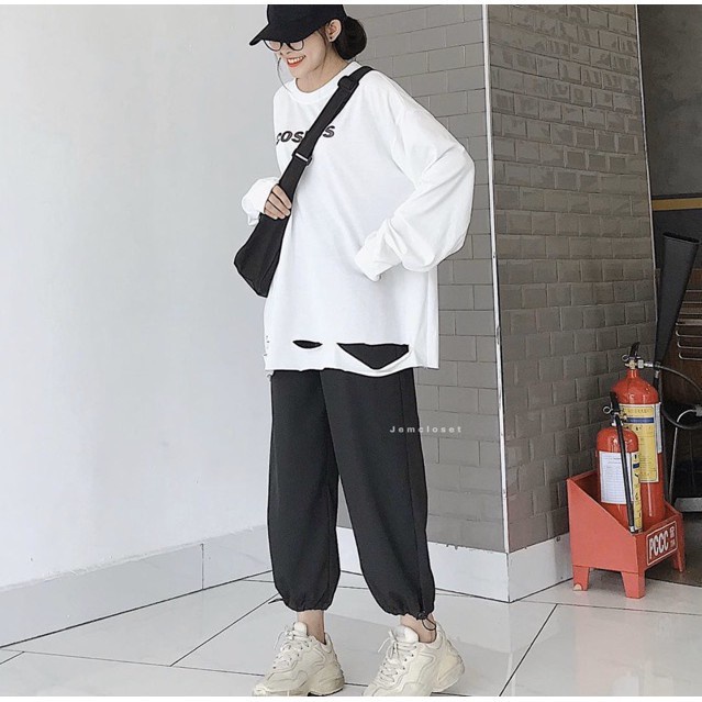 Quần bom chân dây rút dưới 58kg, Quần jogger nữ dây rút chân chất thun nỉ ulzzang