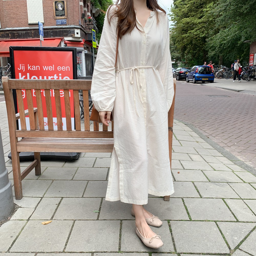 Váy midi tay dài cổ chữ V màu trơn đơn giản thời trang dành cho nữ 30323