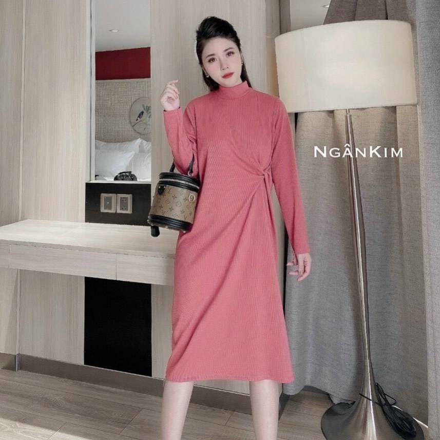 Đầm suông nữ Bingshop xoắn eo dài tay vải tăm dày co giãn nhiều màu