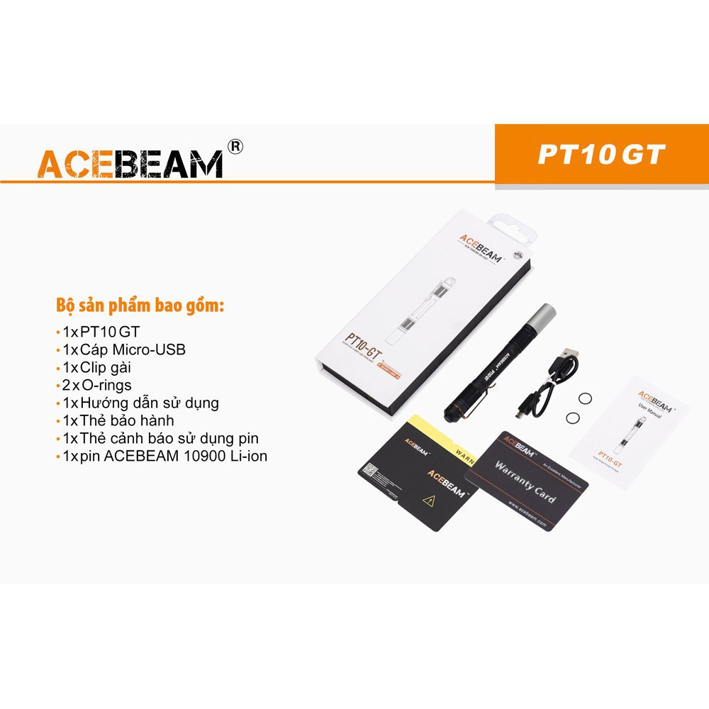 Đèn bút ACEBEAM PT10GT LED OSRAM sáng 250lumen chiếu xa 123m pin Li-ion 10900 USB kèm theo Đèn &amp; Đèn pin