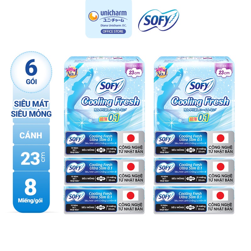 Bộ 6 Băng Vệ Sinh Sofy Cooling Fresh Siêu Mỏng Cánh 23Cm Gói 8 Miếng
